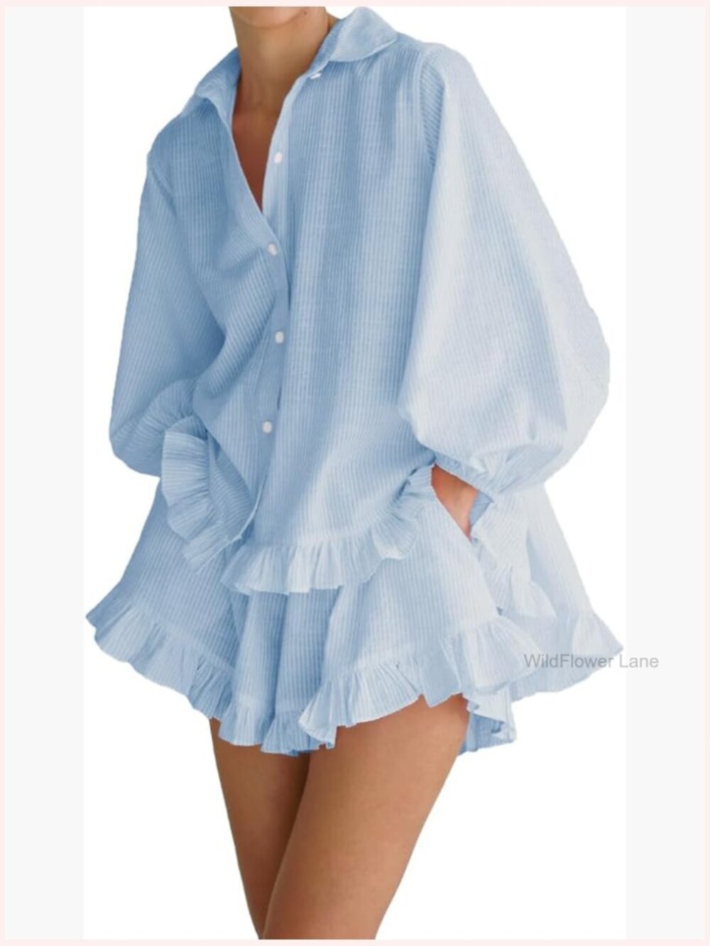 Blue Stripe 2 Piece Set Long Sleeve Button Down Shirt & Shorts Lounge Set
